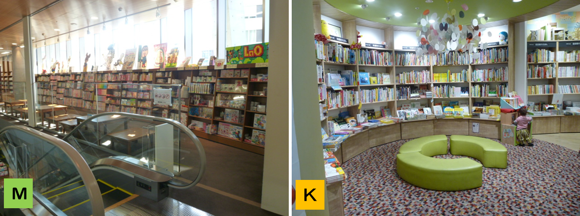 左：ＭＡＲＵジュン書店(児童書)の椅子コーナーはエレベータ―ホール。右：紀伊国屋(児童書)は棚の側にソファ。