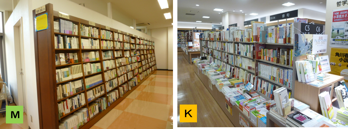 左：ＭＡＲＵジュン書店は、高い棚がずらり並ぶ一列が詩歌。右：紀伊国屋は低めの棚で列も短い。